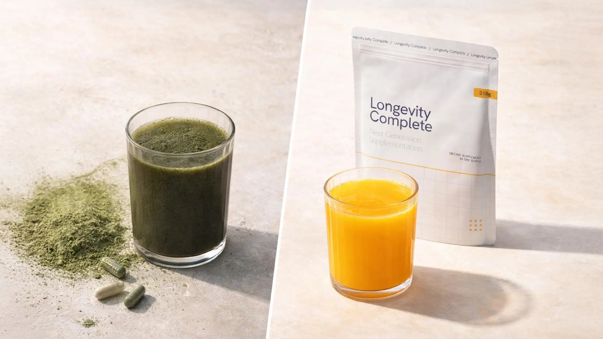 Green powder comparison with Longevity Complete